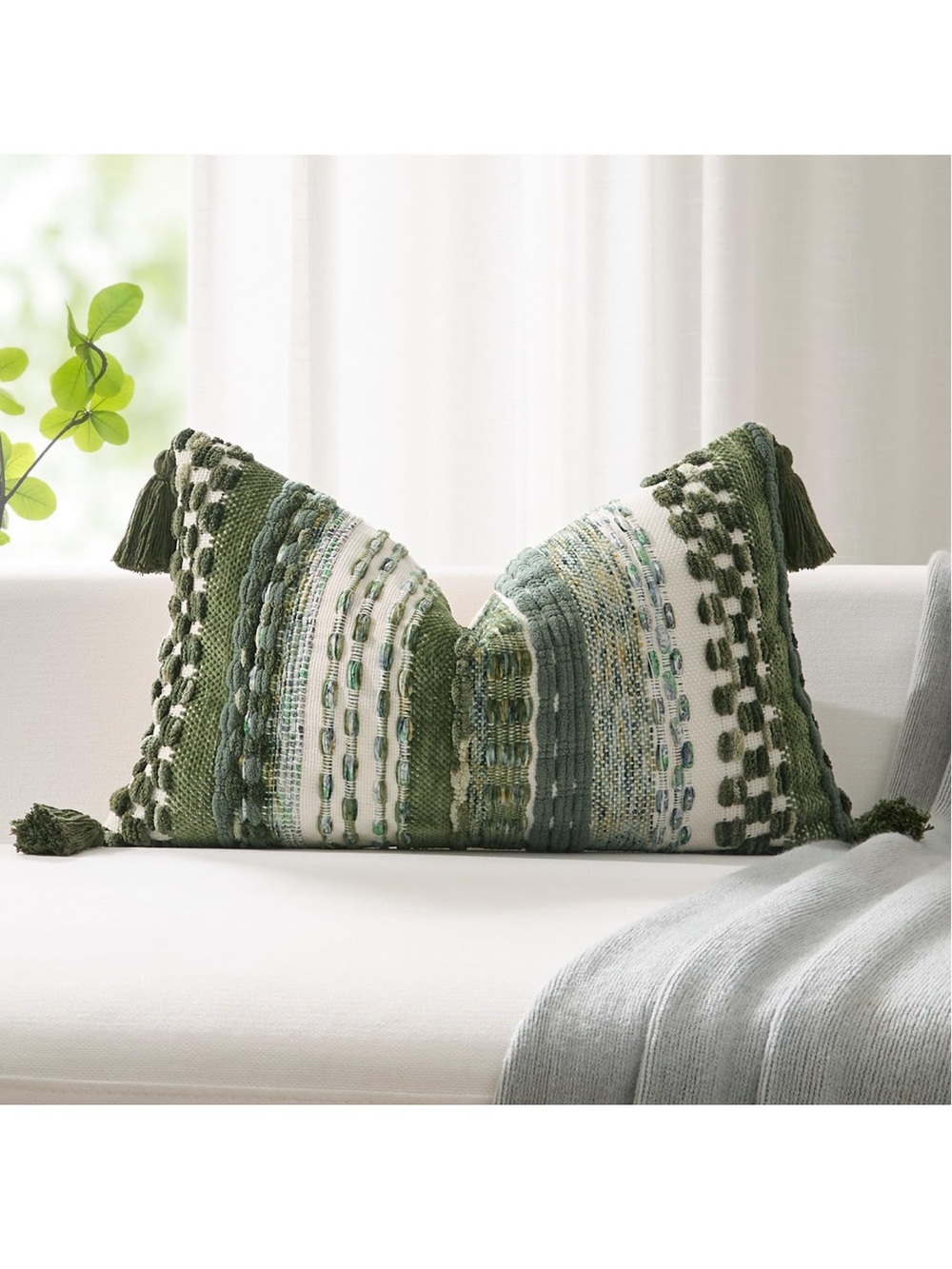 Kevin Textile Boho Tufted 12x20 Inch Lumbar Pillow Cover 1 Pack. 634/bb8-1:v